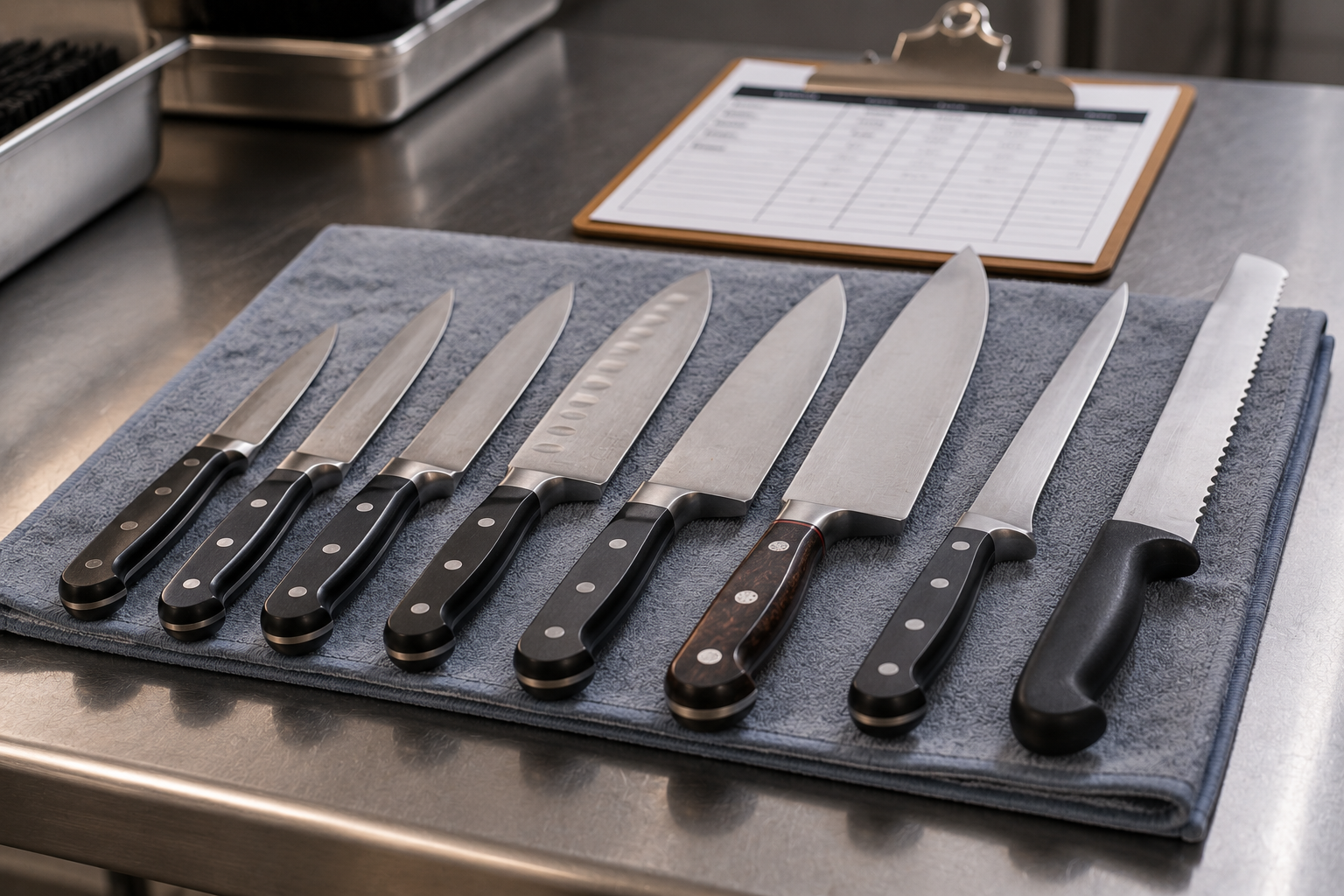 Commercial kitchen knives organized for routine inspection and sharpening
