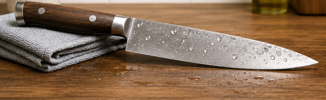 Clean kitchen knife being dried and protected to prevent rust