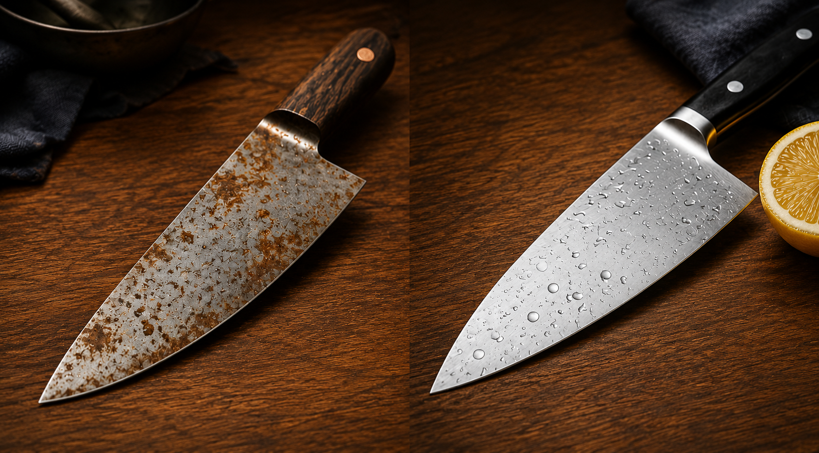 Stainless and carbon steel kitchen knives showing corrosion resistance differences
