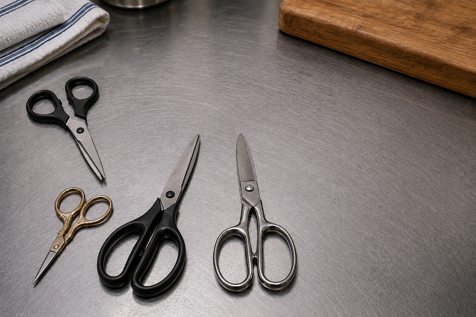 Several types of kitchen scissors and household shears arranged for inspection and sharpening