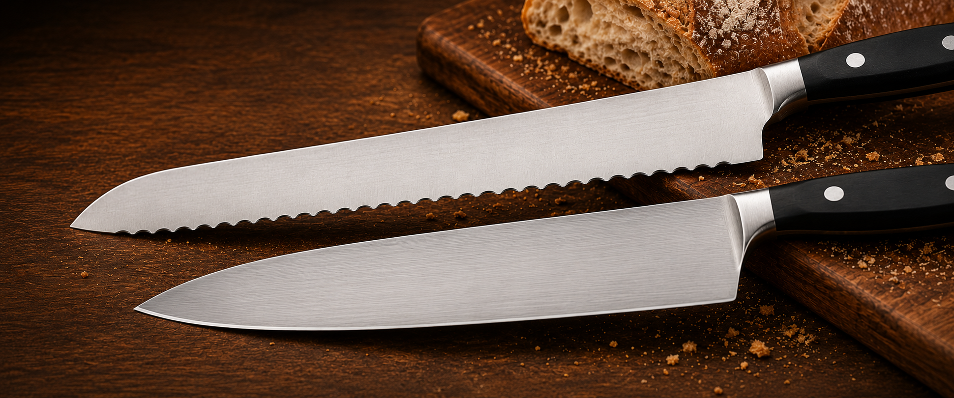 Professional serrated bread knife beside a straight-edge chef knife