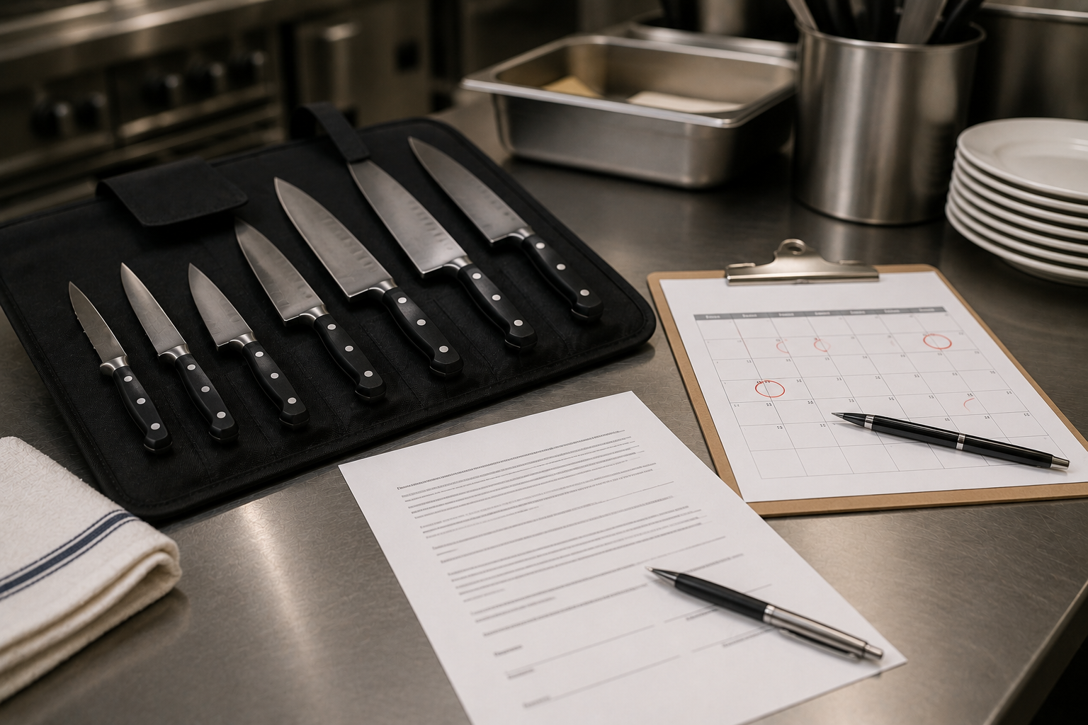 Restaurant knives, service calendar, and sharpening paperwork arranged on a commercial kitchen counter