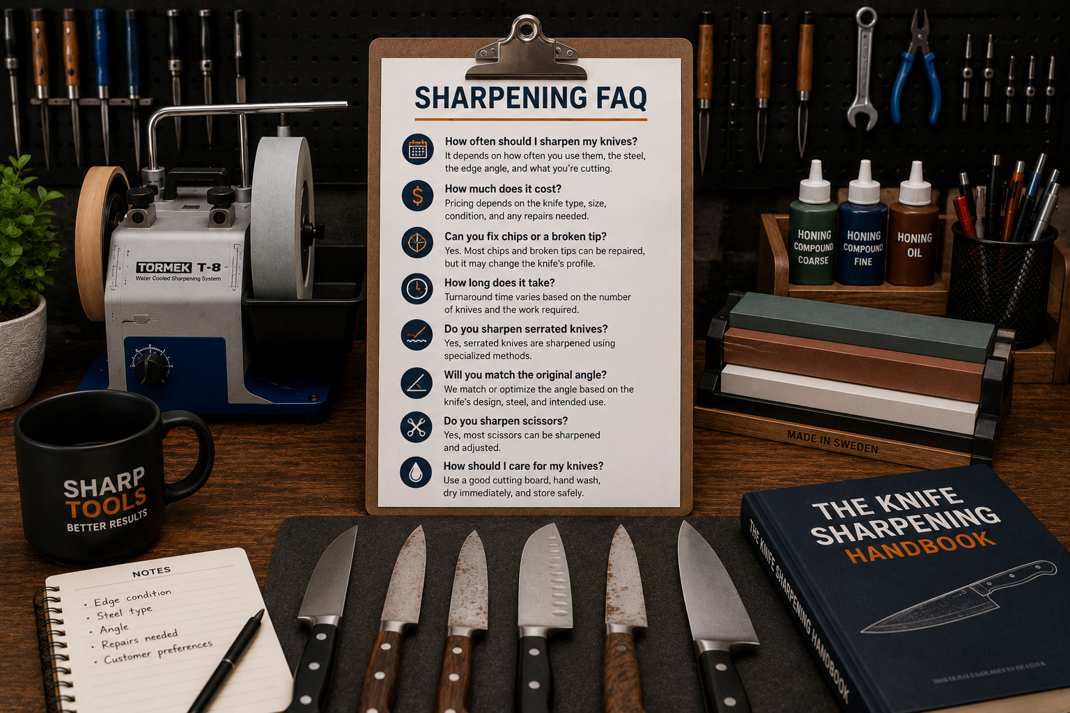 Professional knife sharpening tools and kitchen knives arranged for a knife sharpening frequently asked questions guide