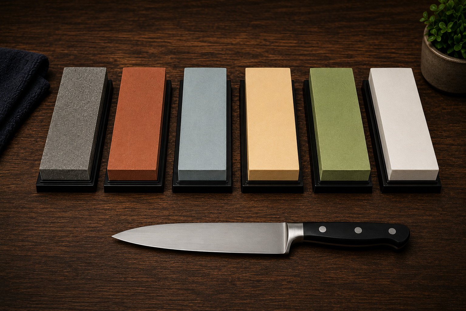 Sharpening stones arranged from coarse to fine grit