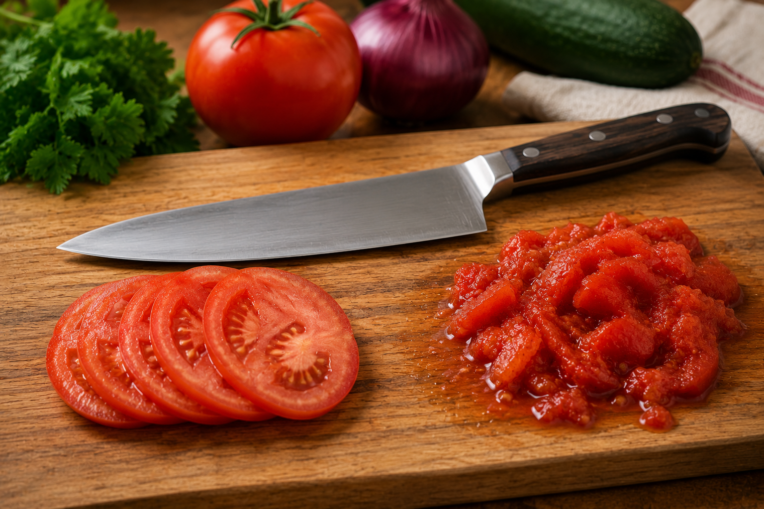 Sharp kitchen knife making clean cuts through fresh vegetables