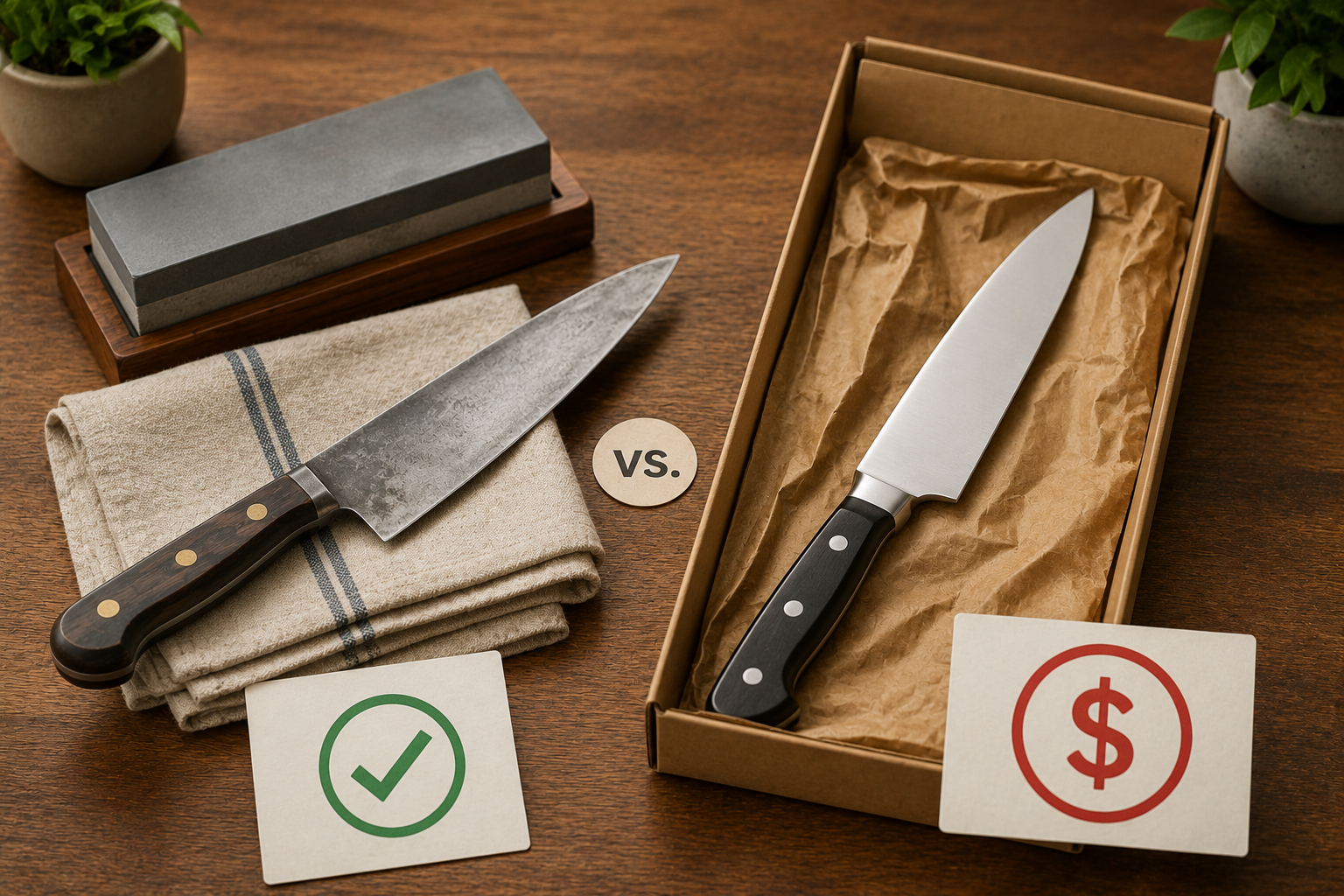 Kitchen knife beside sharpening tools and replacement cost comparison