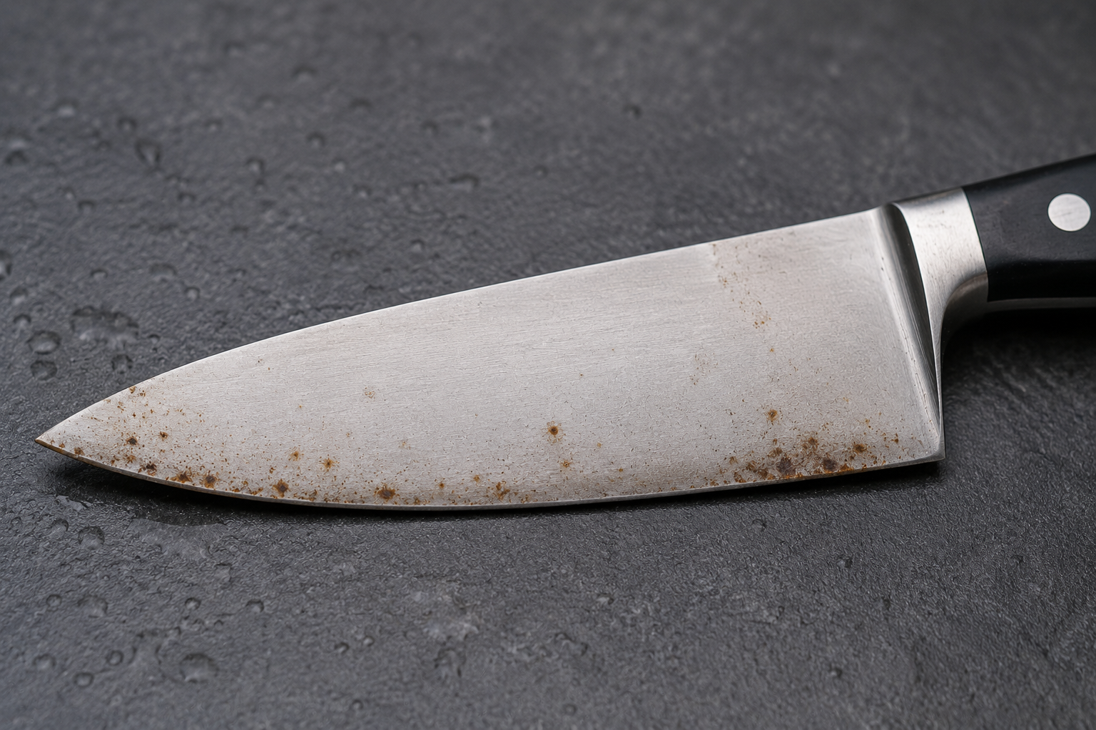 Stainless steel kitchen knife showing small rust spots caused by moisture and neglect