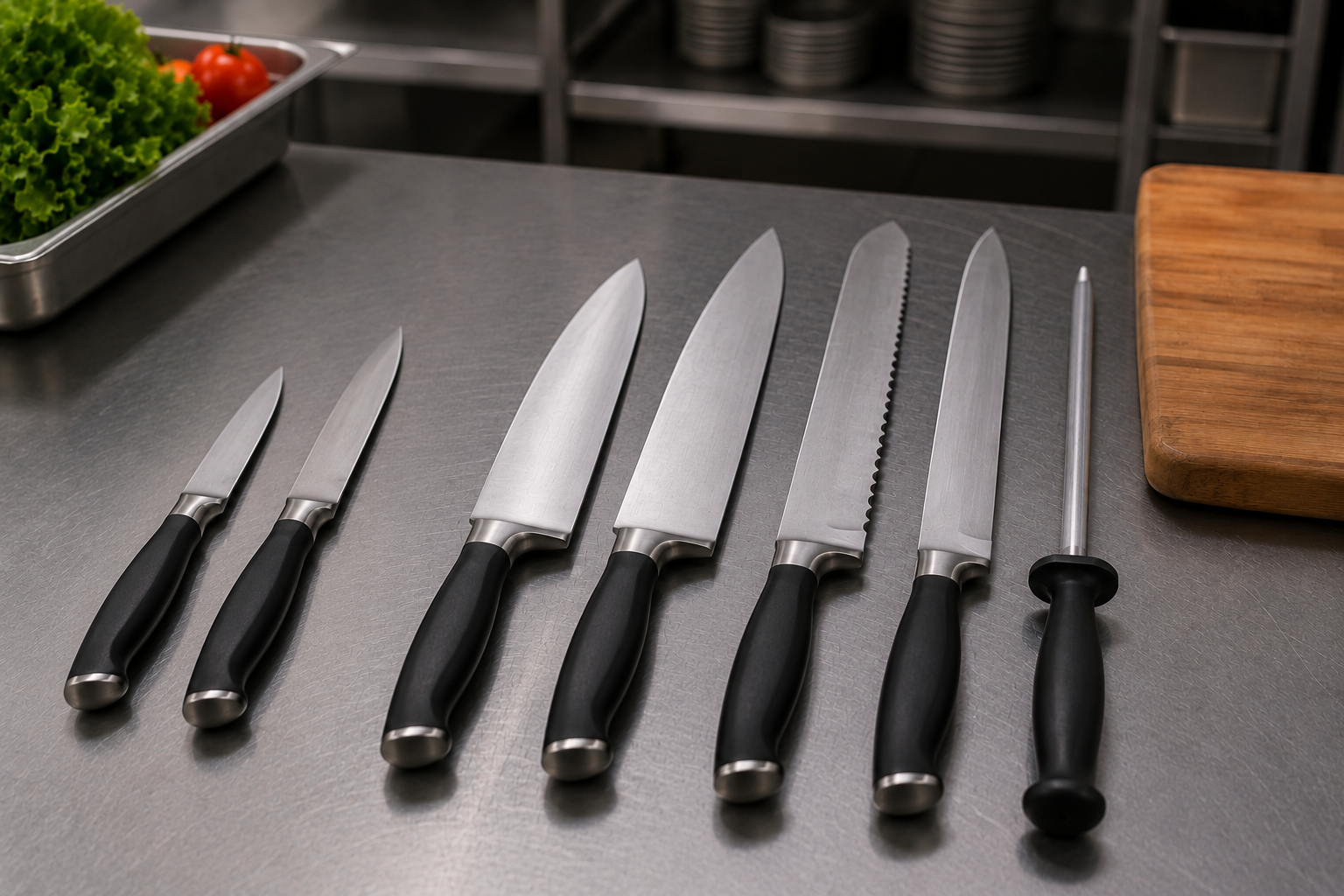 Coordinated set of commercial kitchen knives organized for restaurant use