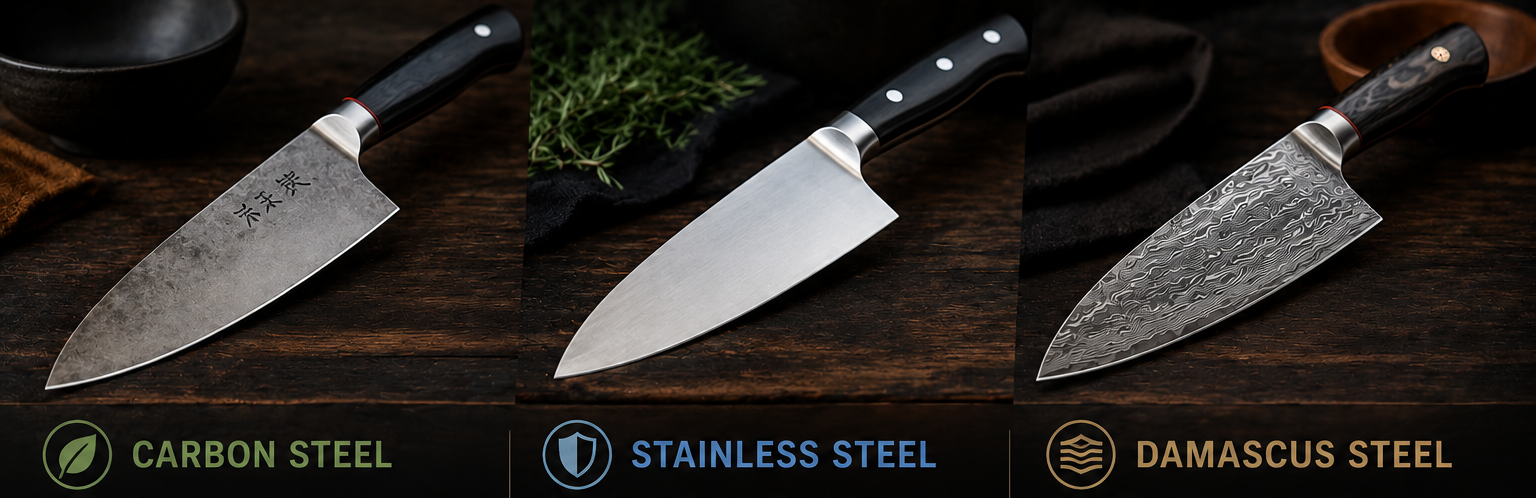 Carbon steel, stainless steel, and Damascus kitchen knives compared