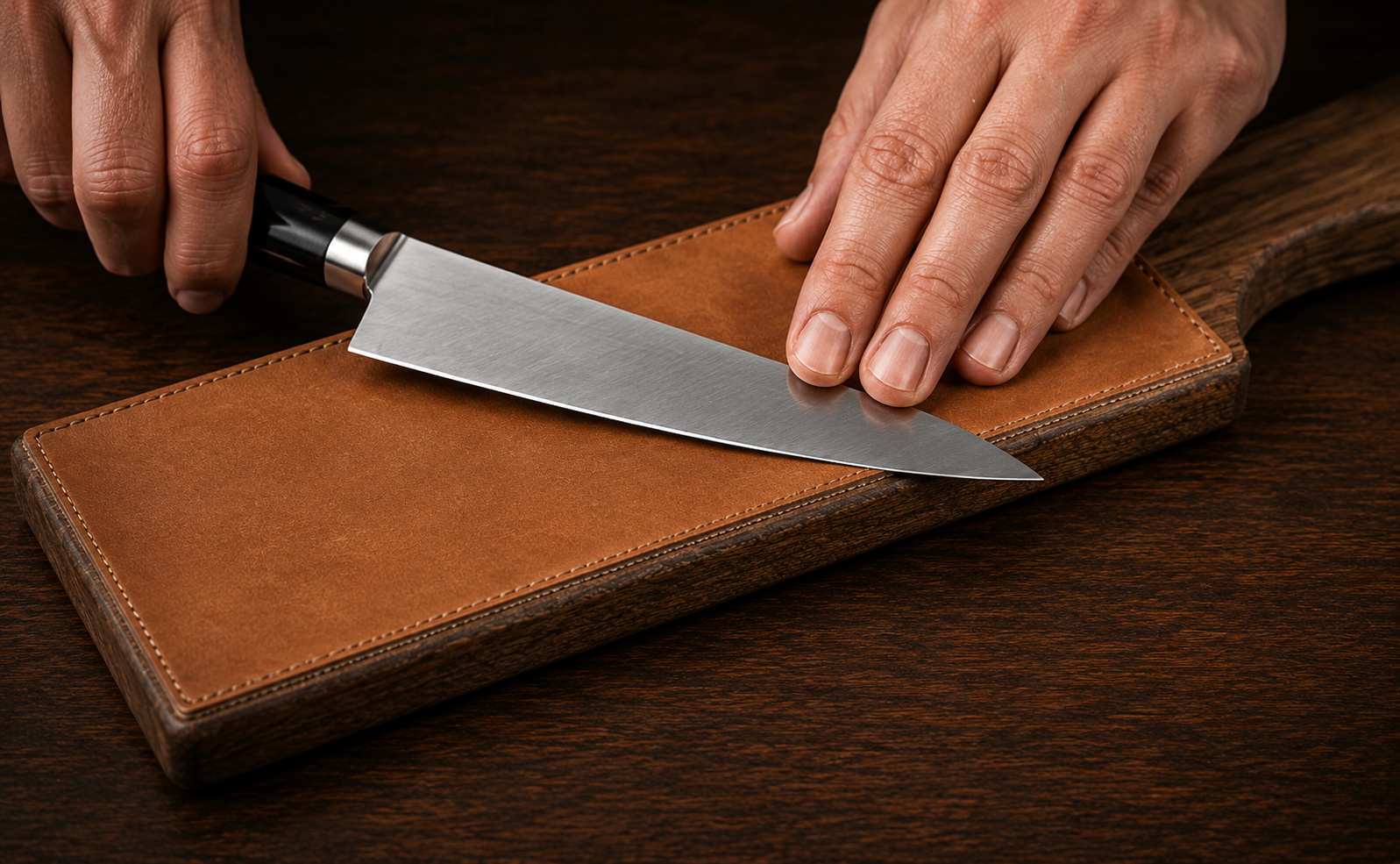 Kitchen knife edge being stropped on a leather strop