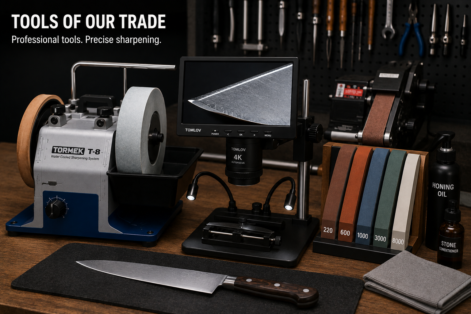 Professional knife sharpening workshop with a Tormek sharpening system, belt grinder, microscope, abrasives, and testing tools
