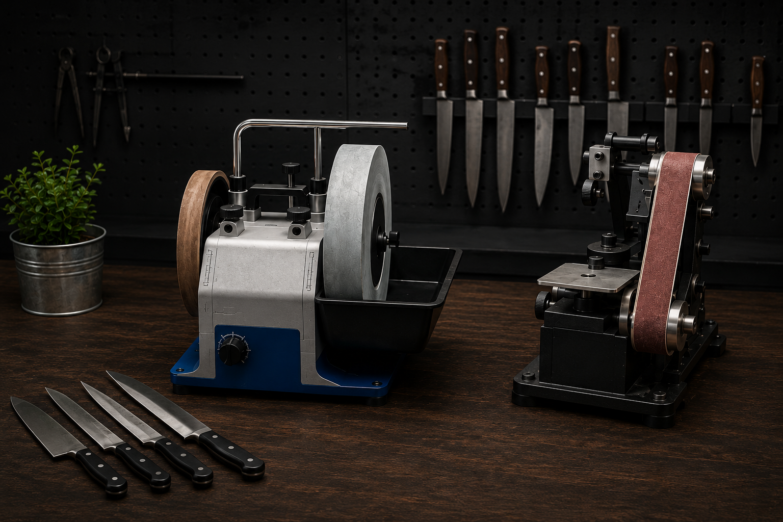 Water-cooled Tormek sharpening system and belt grinder arranged in a professional knife sharpening workspace