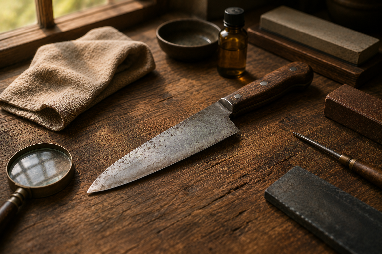 Vintage kitchen knife being carefully inspected on a wooden workbench