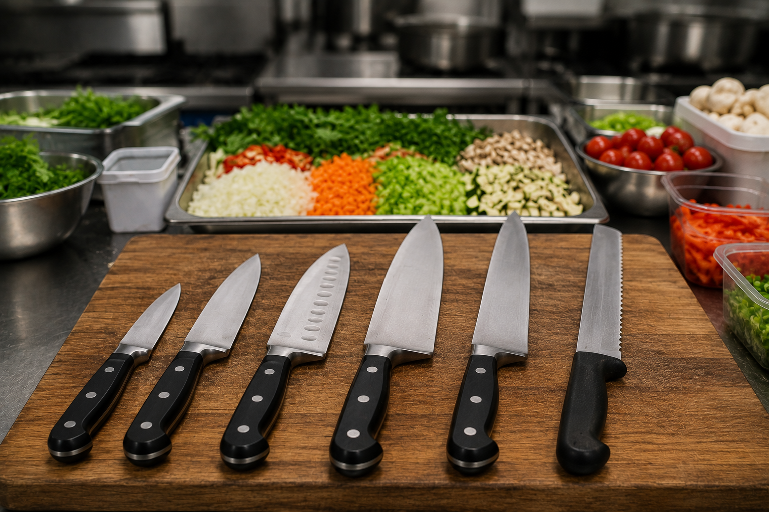 Commercial kitchen knives prepared for high-volume food preparation