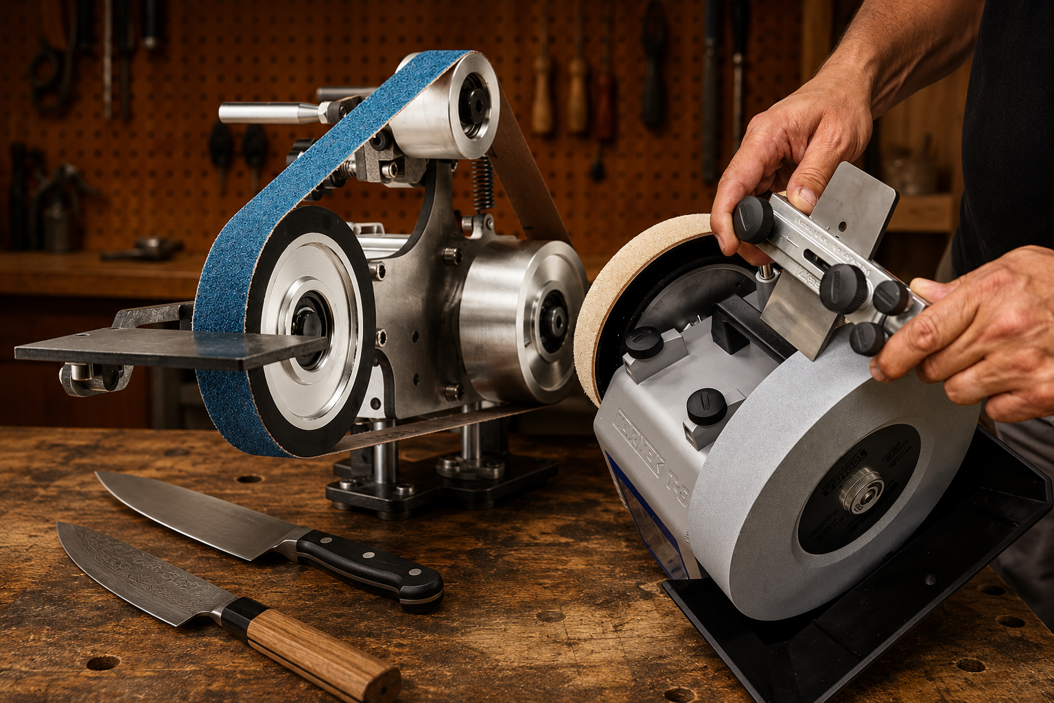 Wet grinding wheel and belt sander used for professional knife sharpening