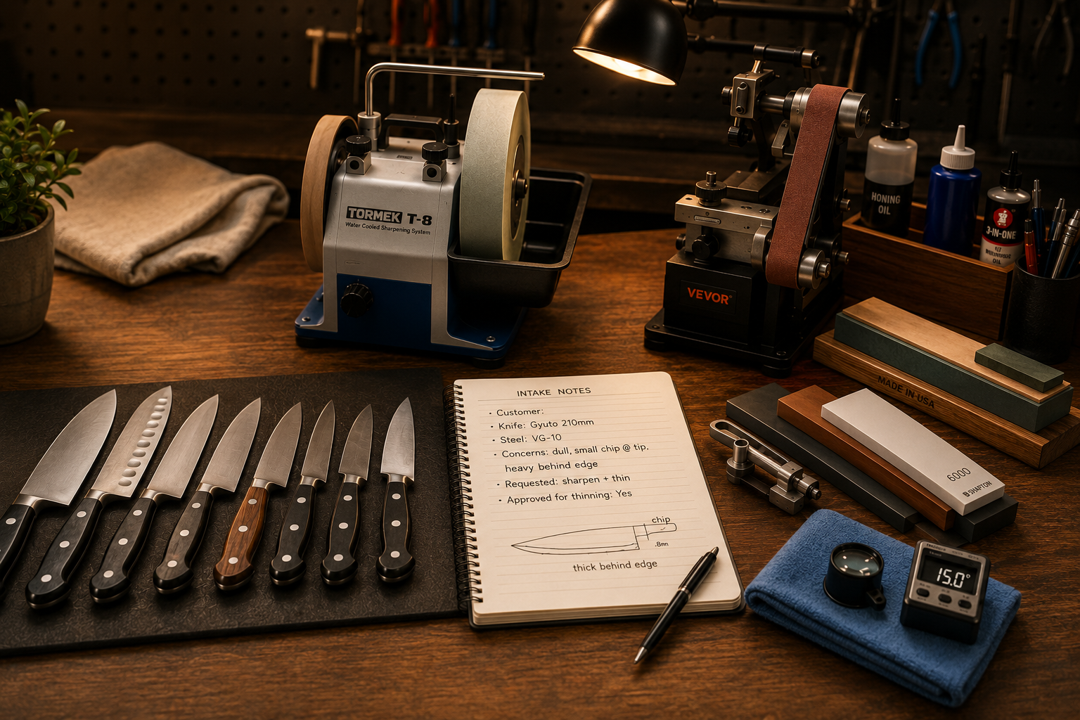 Professional knife sharpening service with inspection tools, sharpening equipment, and protected finished knives