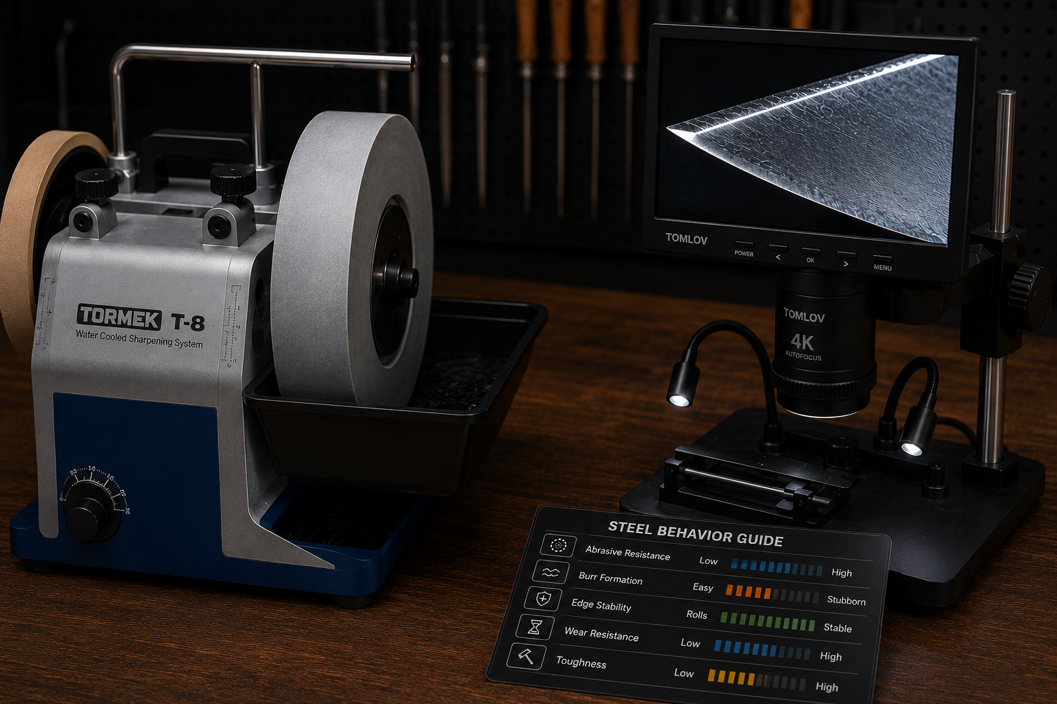 Kitchen knife edge being sharpened and inspected to evaluate the behavior of the blade steel