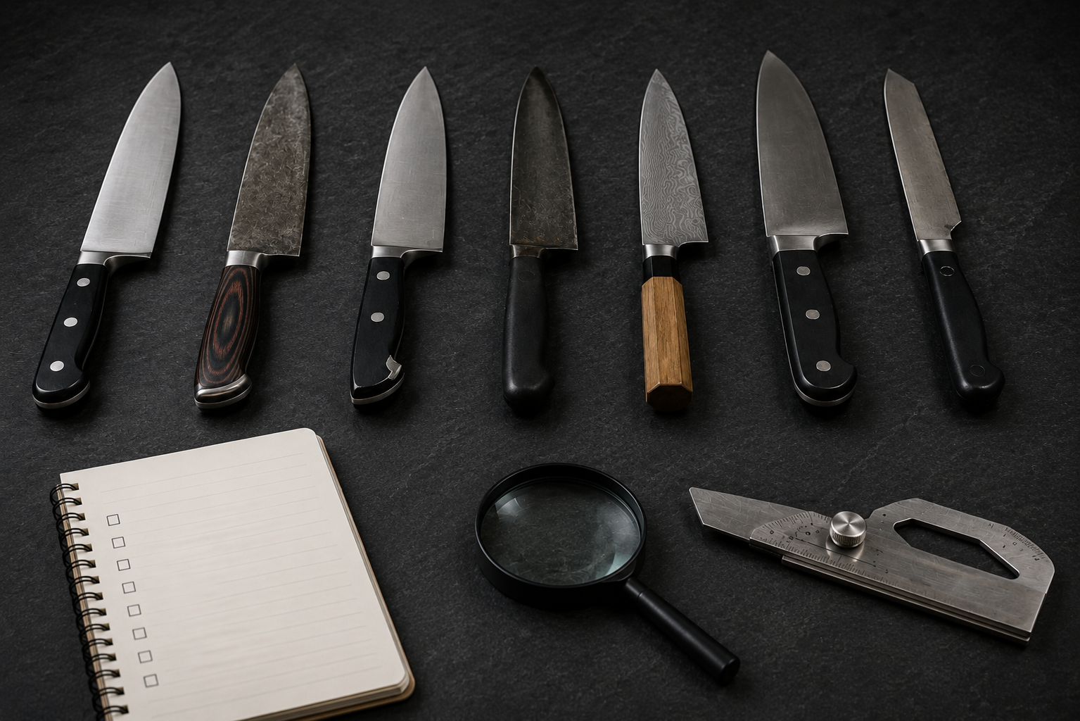 Different kitchen knives being individually evaluated before professional sharpening