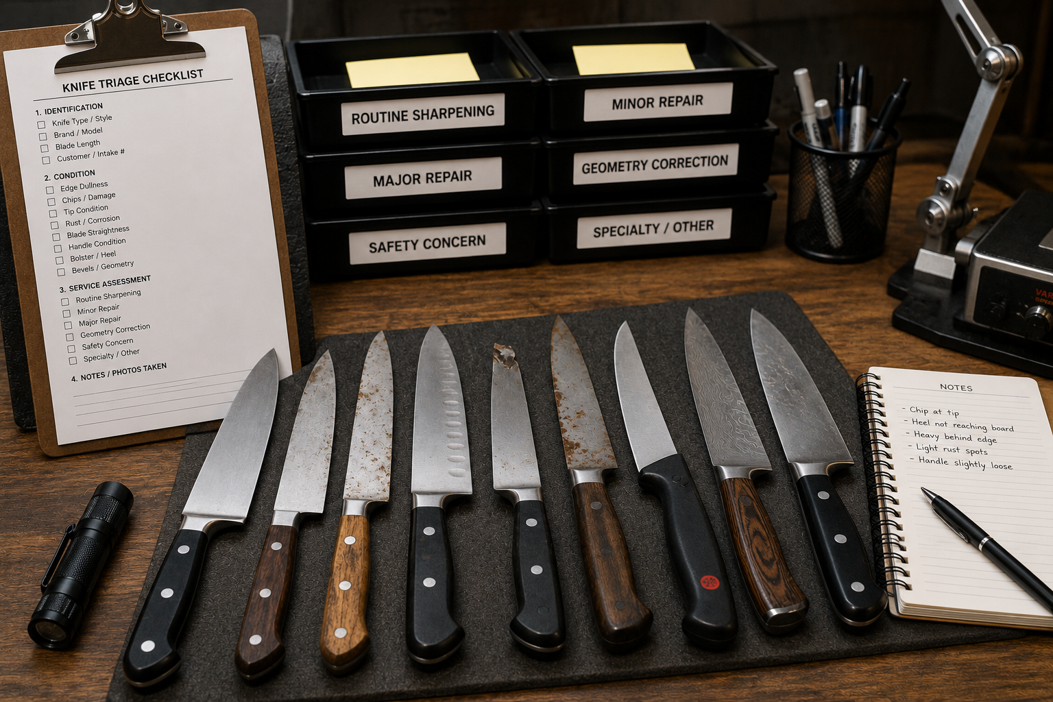 Several kitchen knives being inspected and organized before professional sharpening