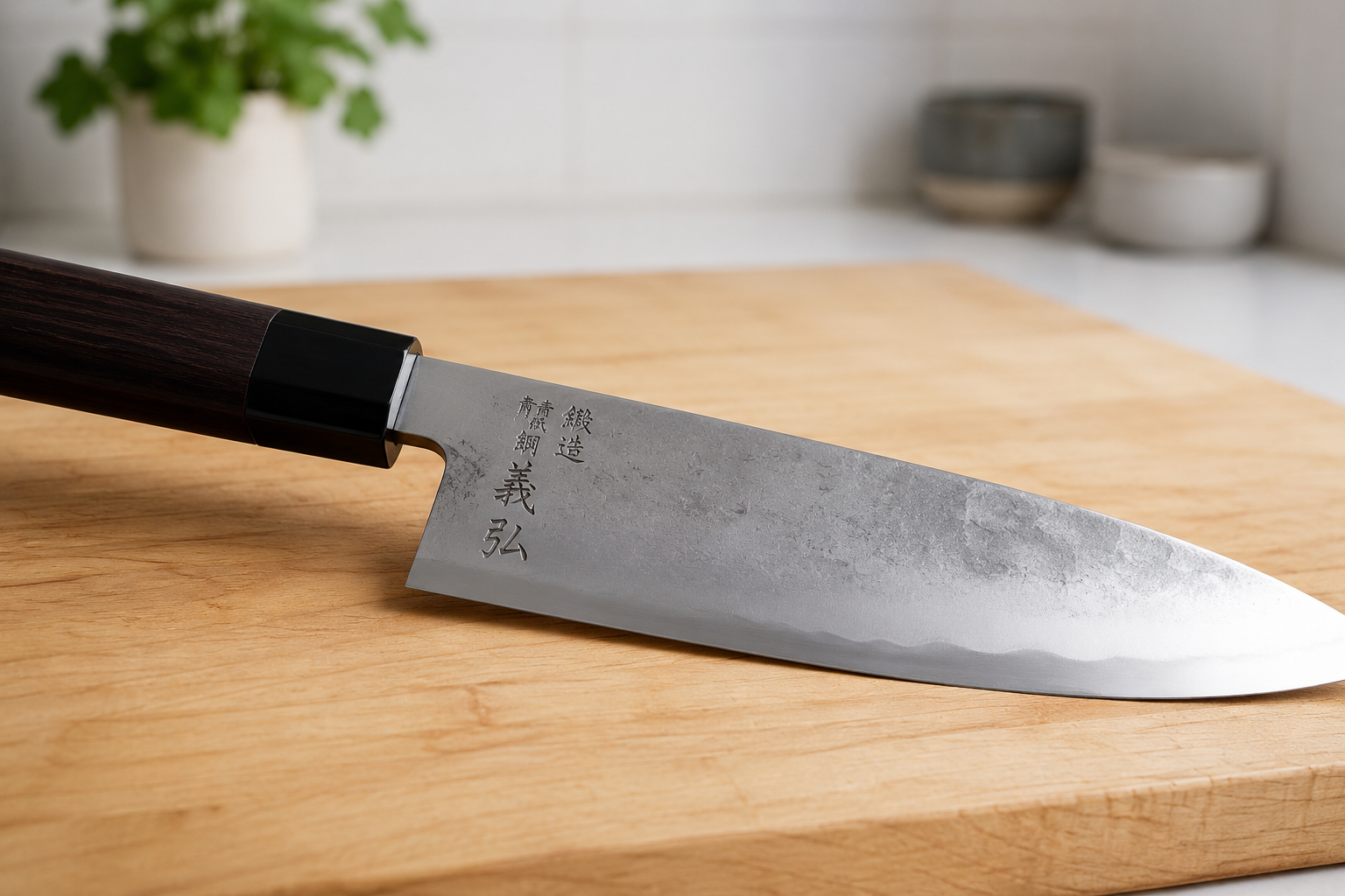 Japanese kitchen knife with kanji markings